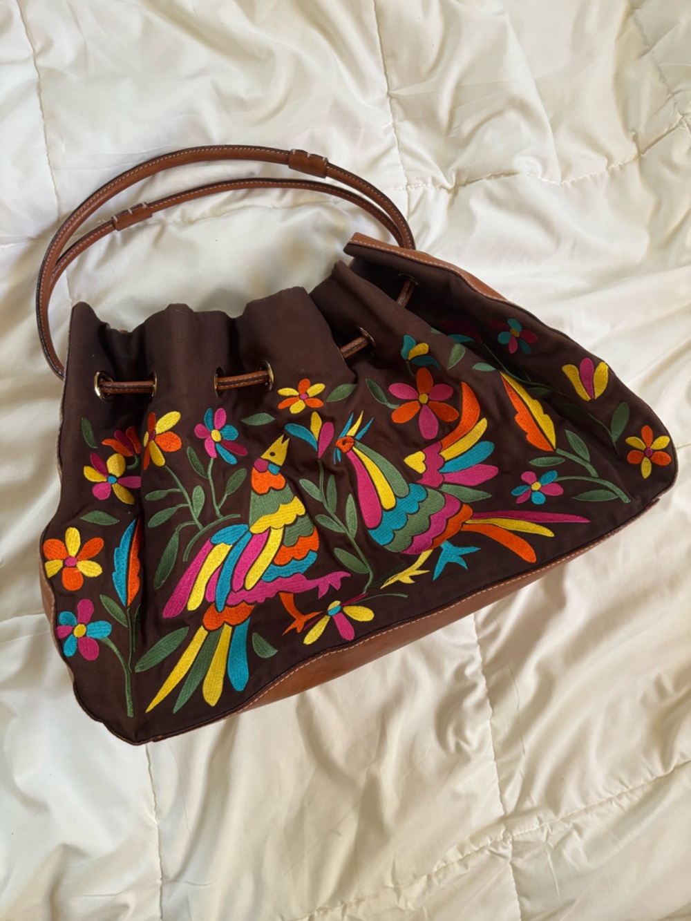 kate spade Oaxaca Embroidered Brown Drawstring Purse Multicolored Birds Flowers